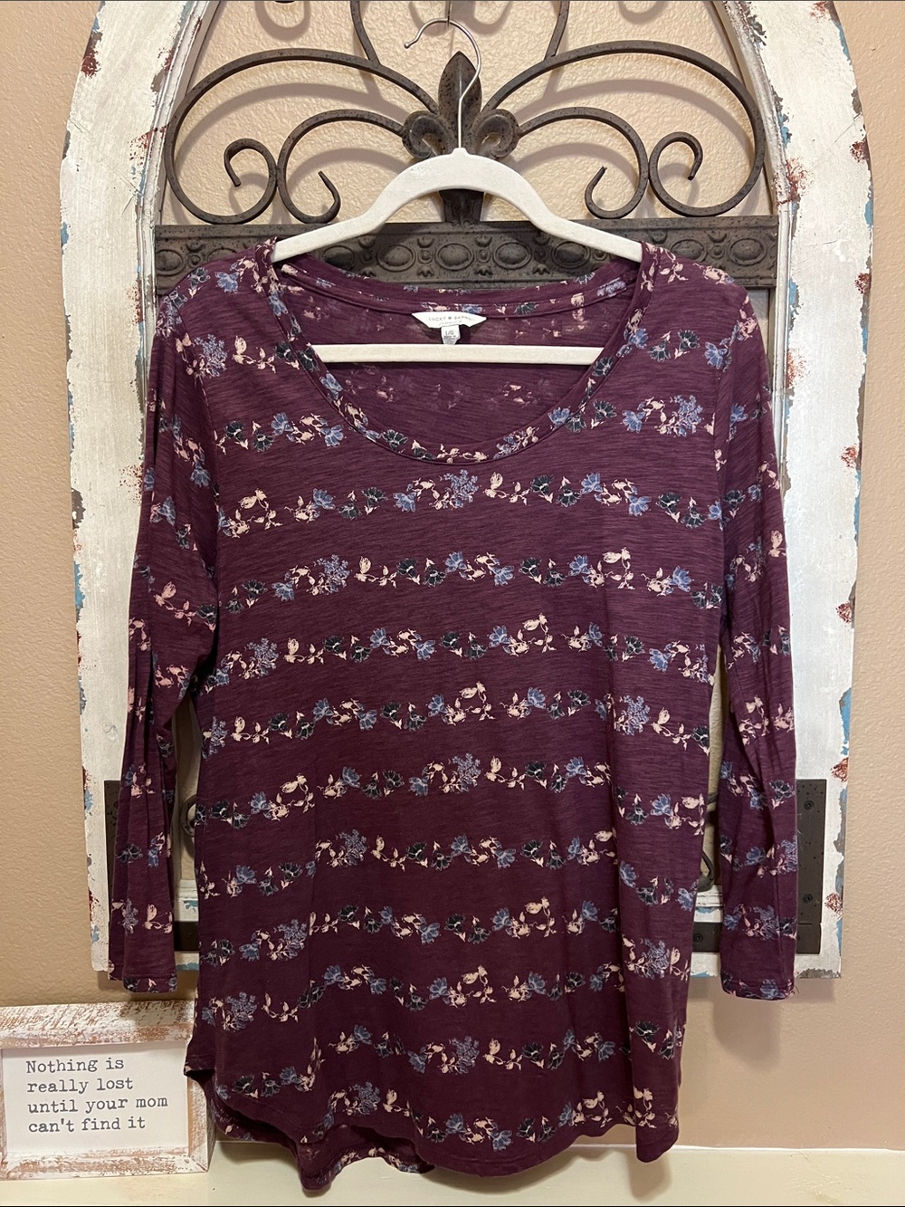 Lucky Brand Burgundy Floral Scoop Neck Long Sleeve Top